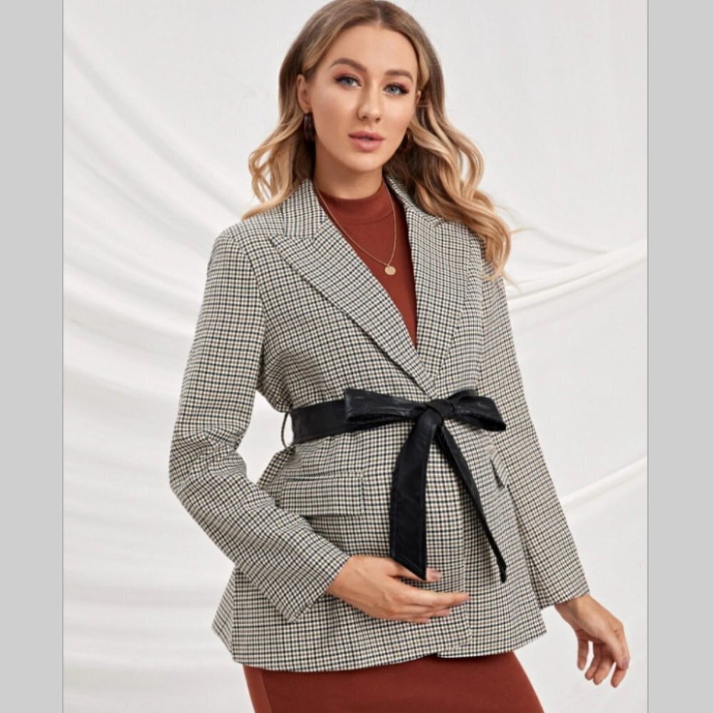 NWT Maternity blazer notched collar gingham with black belt office work elegant - Picture 3 of 5